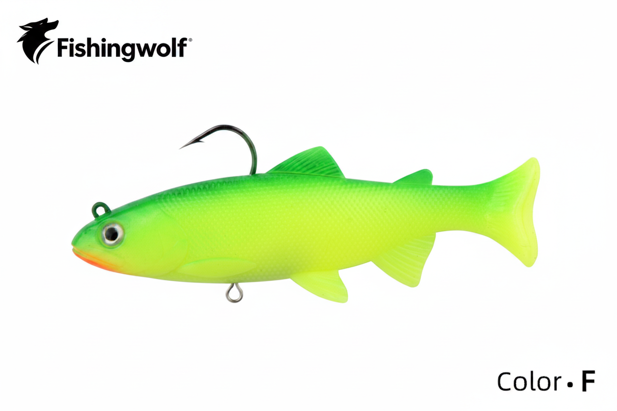 Soft plastic swimbait lure with jig hook, neon green chartreuse fish body