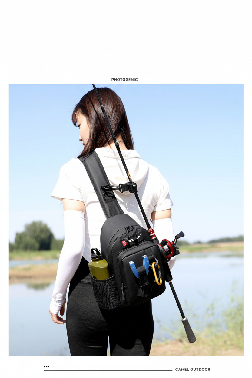 Black fishing sling bag worn on shoulder with rod holder and tackle pouches