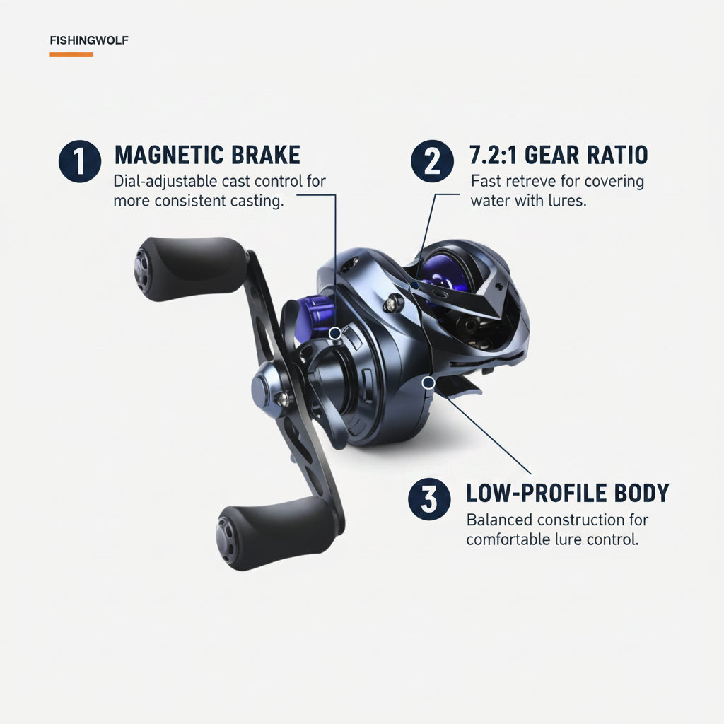 Lightweight baitcasting reel with black handle and blue spool, low-profile body
