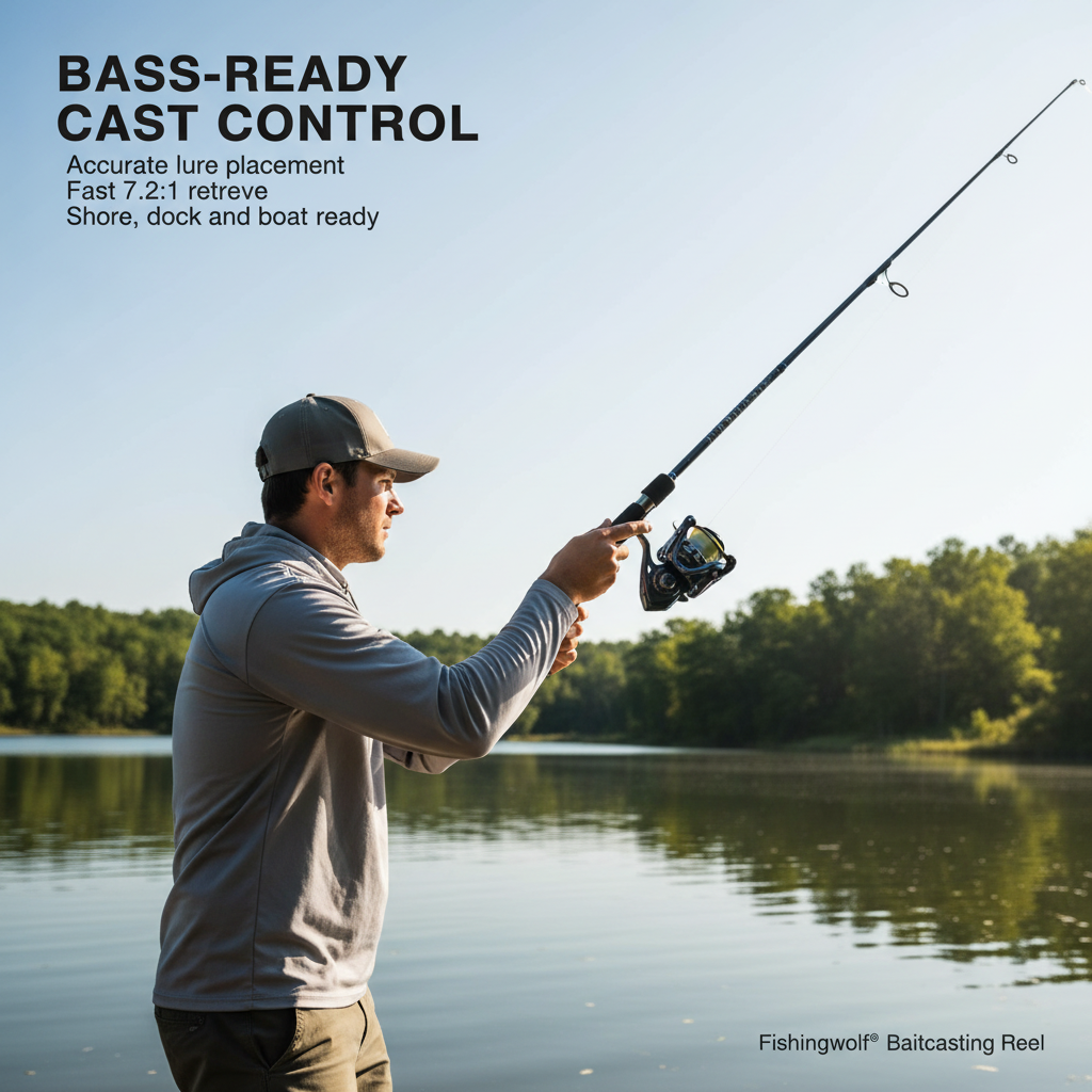 Baitcasting reel with blue spool and black handles, attached to fishing rod