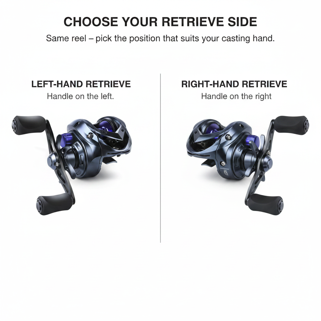 Left- and right-hand baitcasting reels side by side with blue spool and black handles