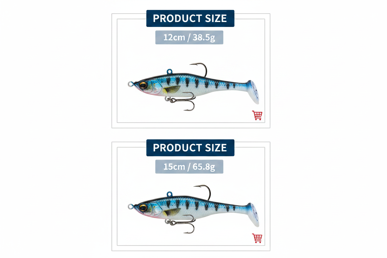 Trout swimbait lure size options: 12cm 38.5g and 15cm 65.8g