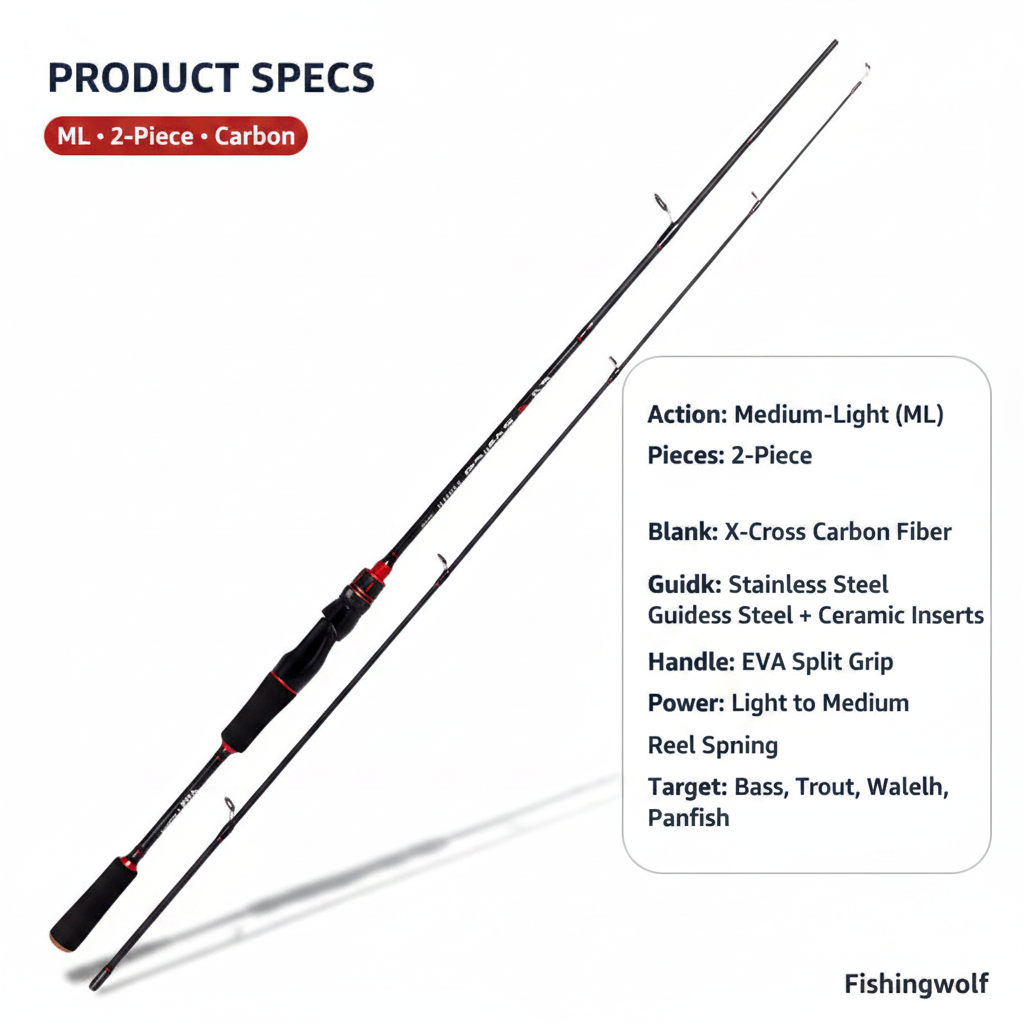 Medium-light 2-piece carbon spinning rod with EVA split grip, stainless guides, red accent wraps