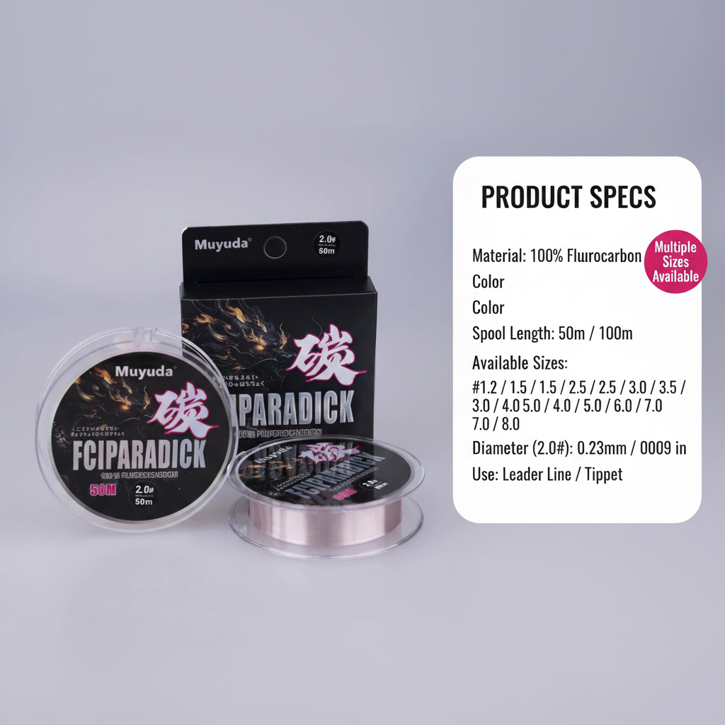 Pink 100% fluorocarbon fishing leader line on clear spool case, 50m or 100m