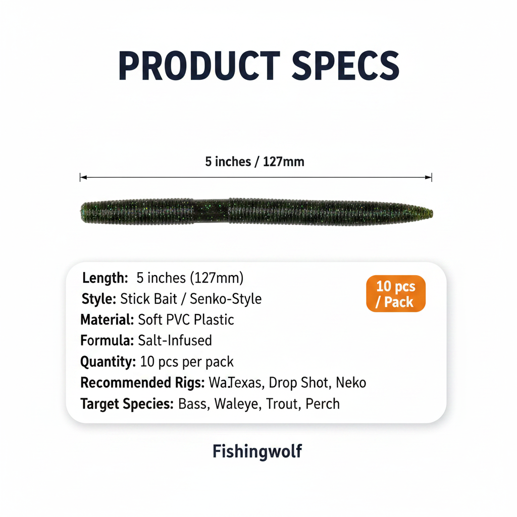 5-inch stick bait soft plastic worm, single dark green senko-style profile