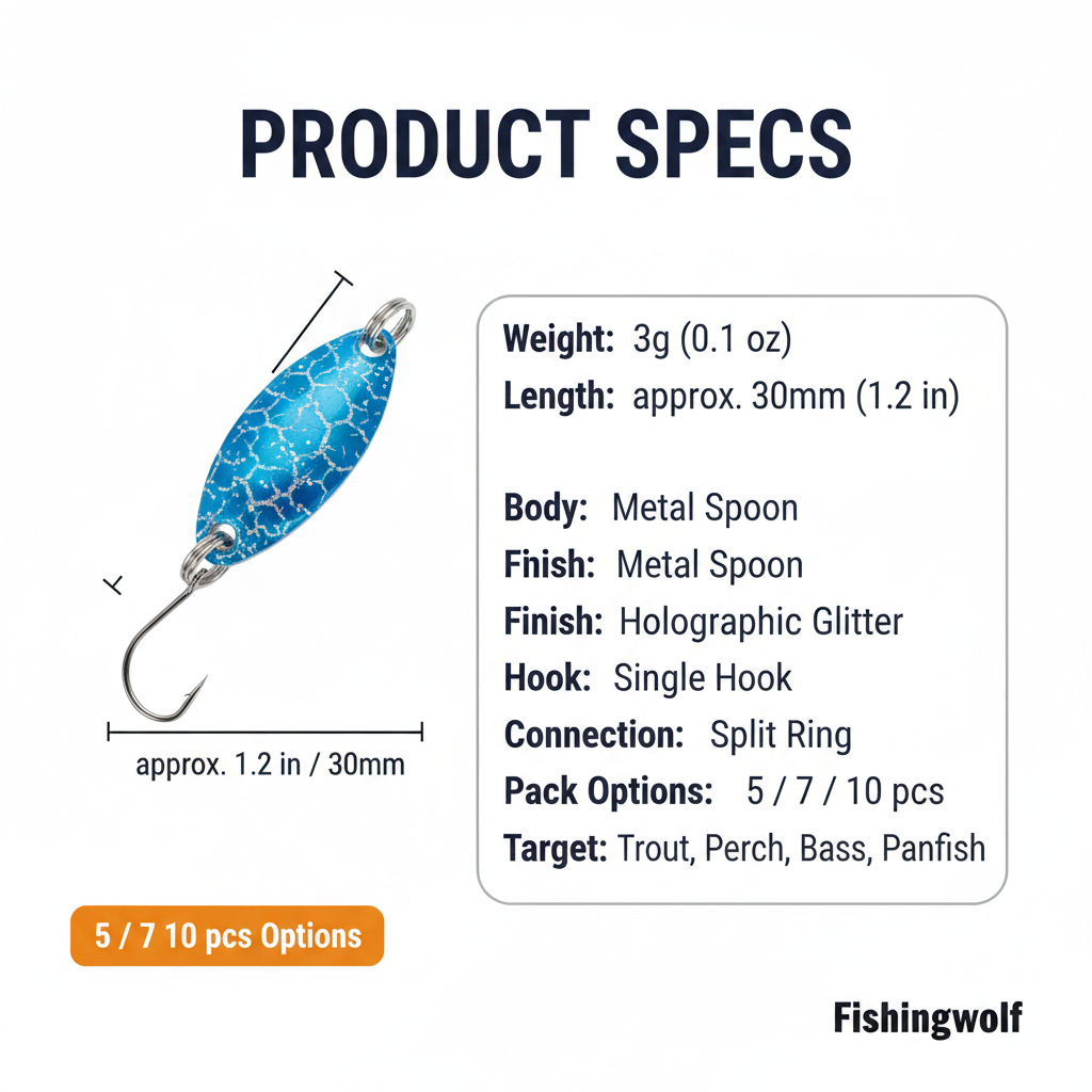 Blue metal spoon trout lure with single hook, split ring, approx. 3g weight