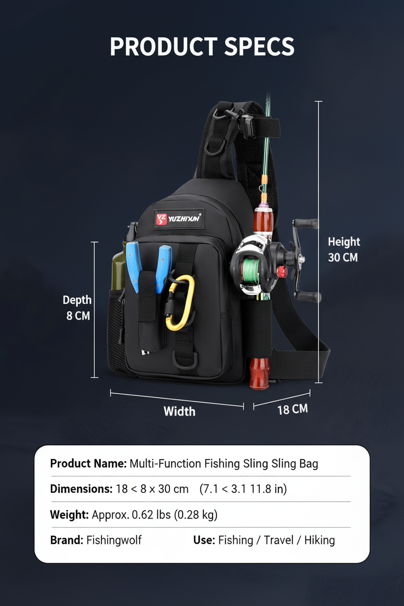 Black waterproof fishing sling bag with rod holder strap and multi-pocket organizer