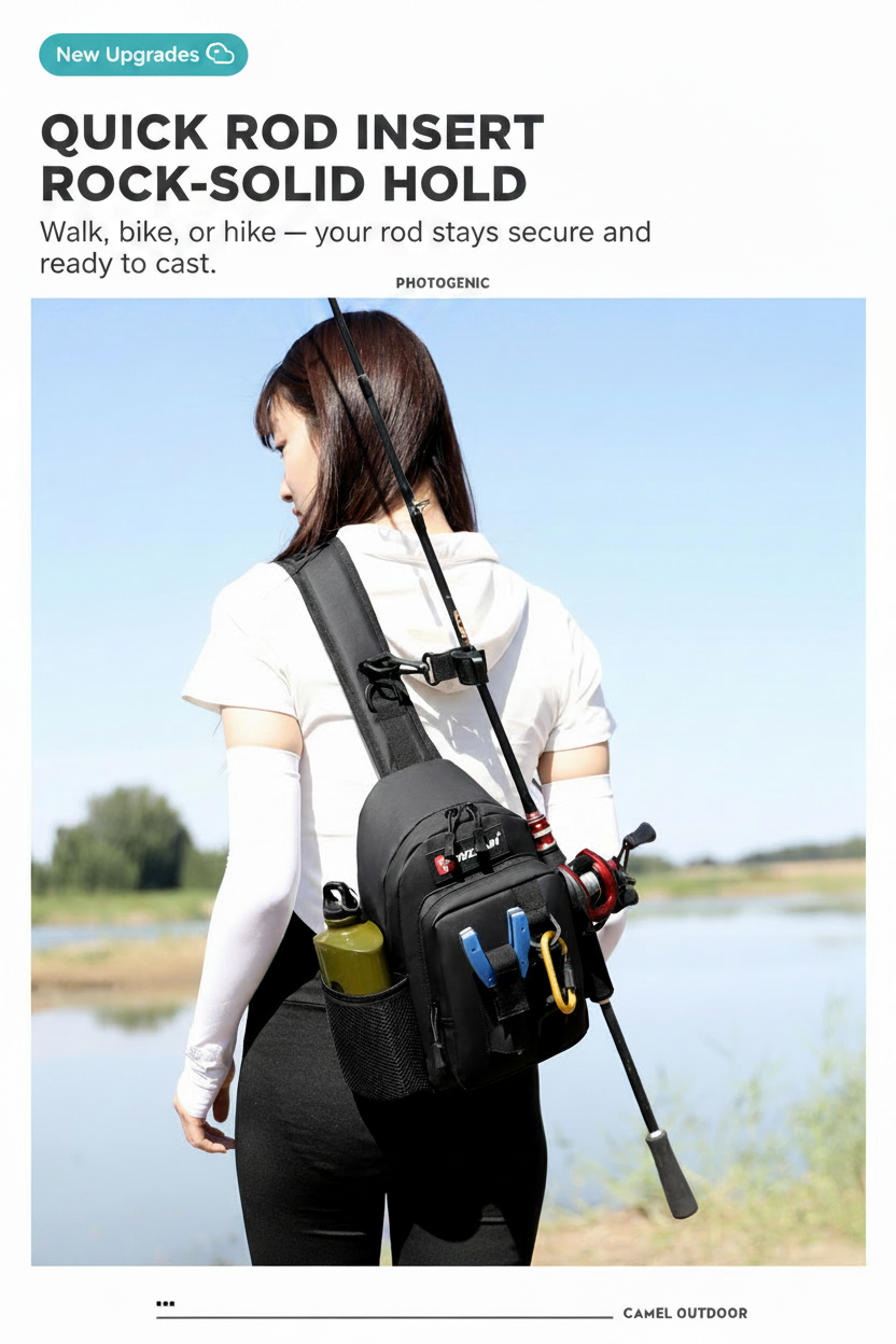 Black fishing sling bag with quick rod insert and secure rod holder strap