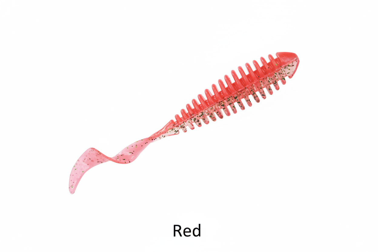 TPR curl-tail soft fishing lure in red with ribbed body and curved skirt tail