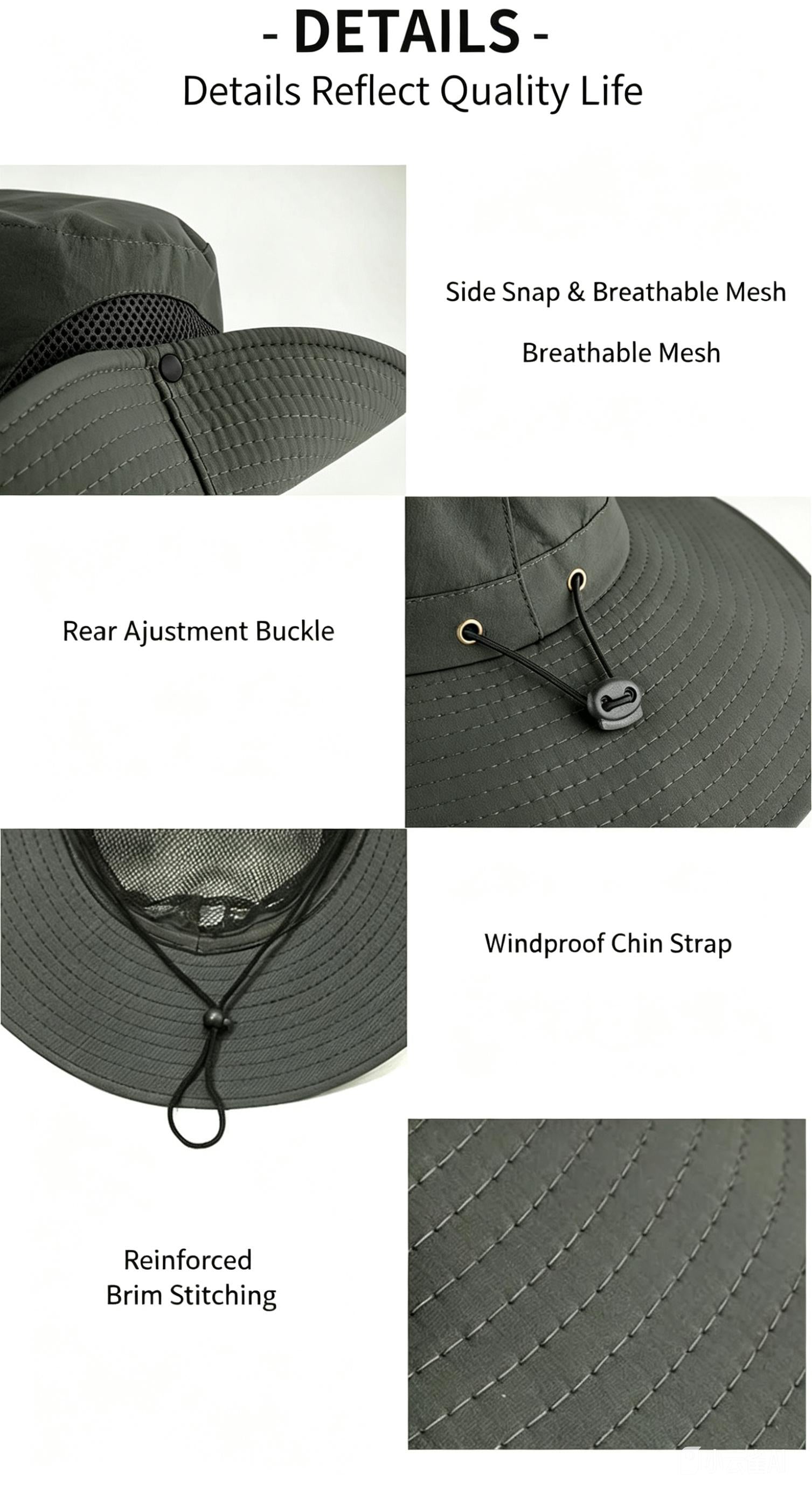 Boonie sun hat details: breathable mesh, chin strap, buckle, reinforced stitching