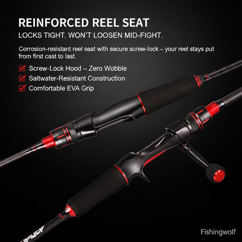 Reinforced reel seat with screw-lock hood and EVA split grip on black rod with red rings
