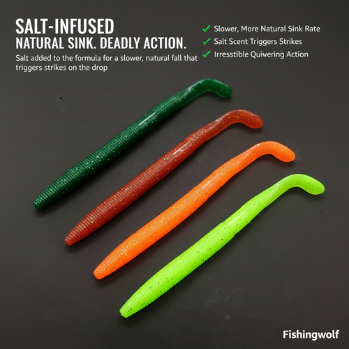 Salt-infused 5-inch stick bait soft plastics, green, orange-red, neon green, dark green