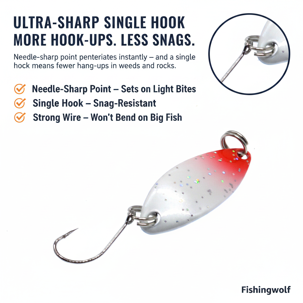 White and red glitter trout spoon lure with single hook and split ring