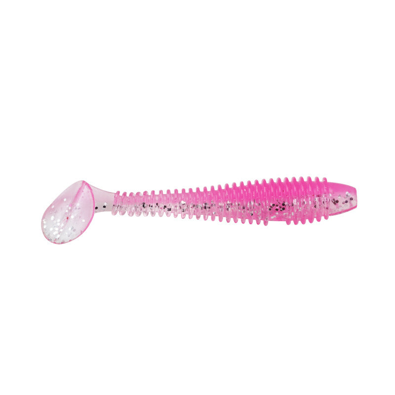 Spiral T-tail soft lure with jig head, pink worm with sparkle ribs