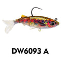 Fish-shaped soft swimbait with jig head, red-yellow mottled body and black hook