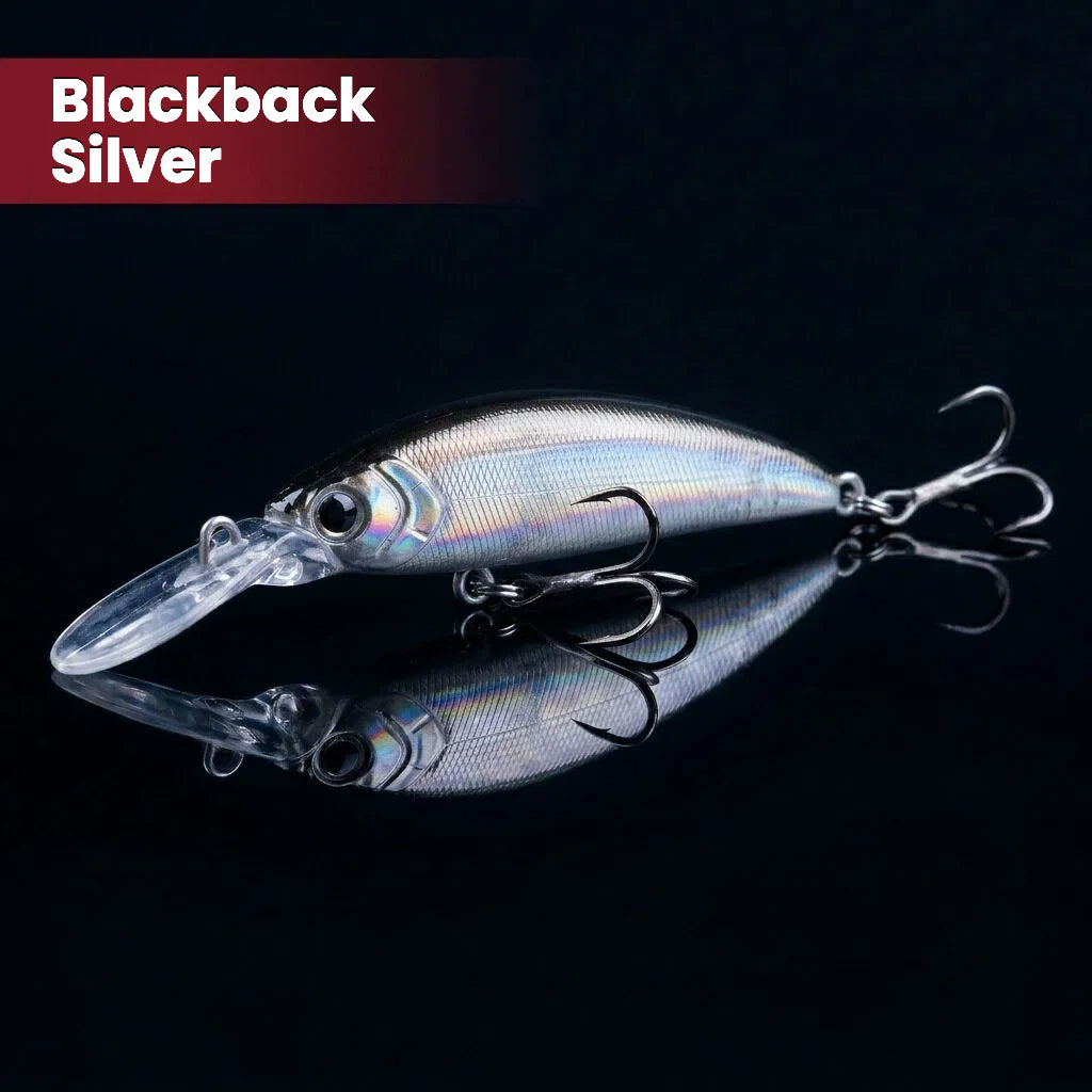 Blackback silver long-lip sinking minnow crankbait with clear lip and treble hooks