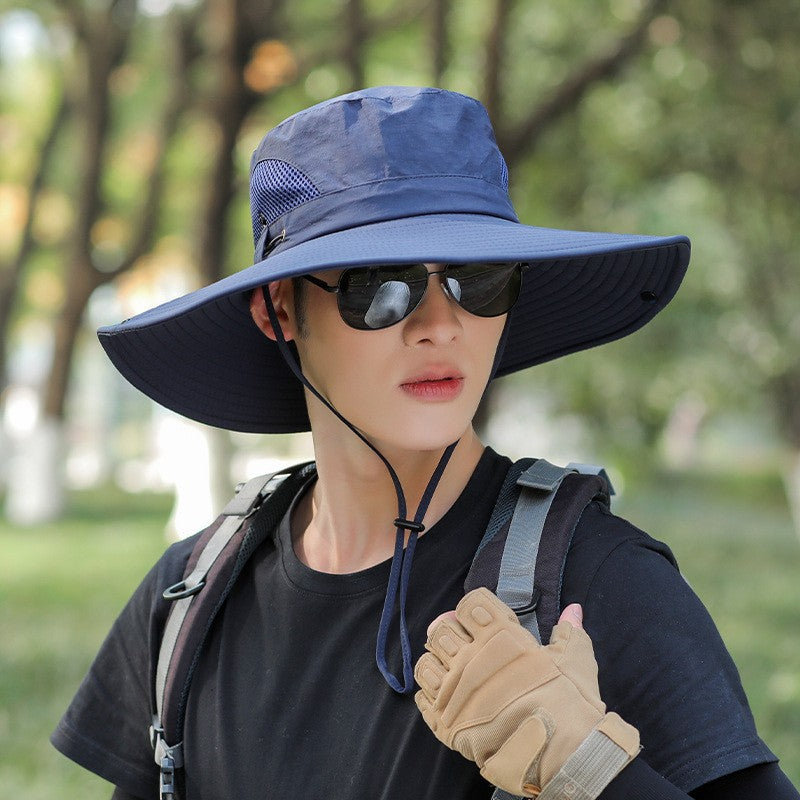 Wide-brim boonie sun hat in light blue with chin cord and side mesh vent