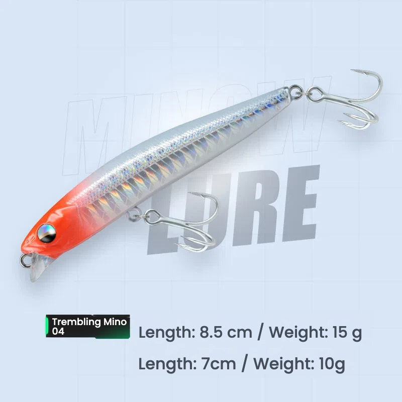 Hard bait minnow lure with treble hooks, orange-red head and silver body, 8.5 cm