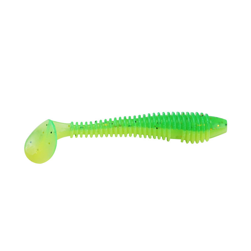 Spiral T-tail soft lure with jig head, bright green worm with translucent tail