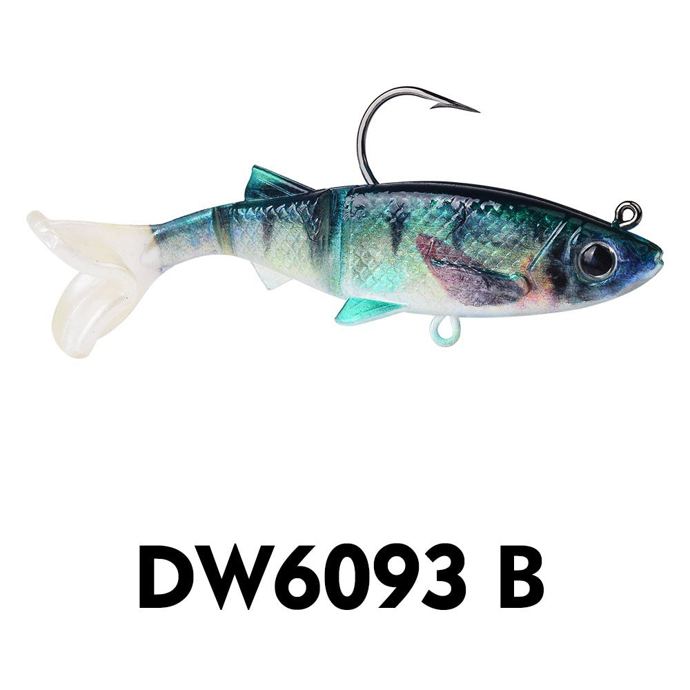 Fish-shaped soft swimbait with jig head, teal-blue body and black hook
