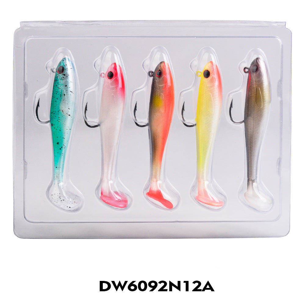Paddle tail soft swimbaits 5-pack DW6092N12A: teal, white-pink, red-orange, yellow, tan