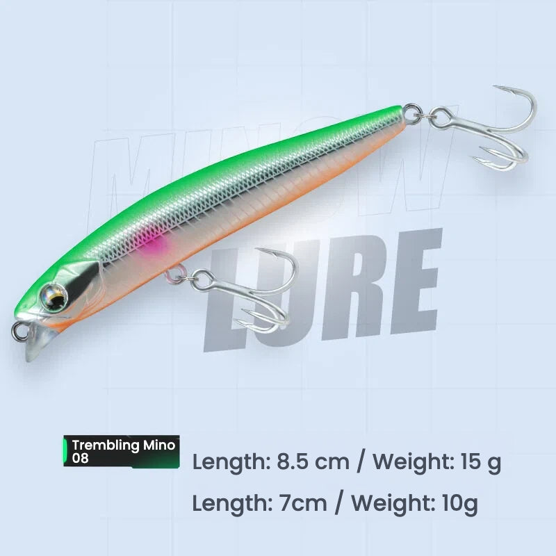 Hard bait minnow lure with treble hooks, green-orange iridescent body, 8.5 cm