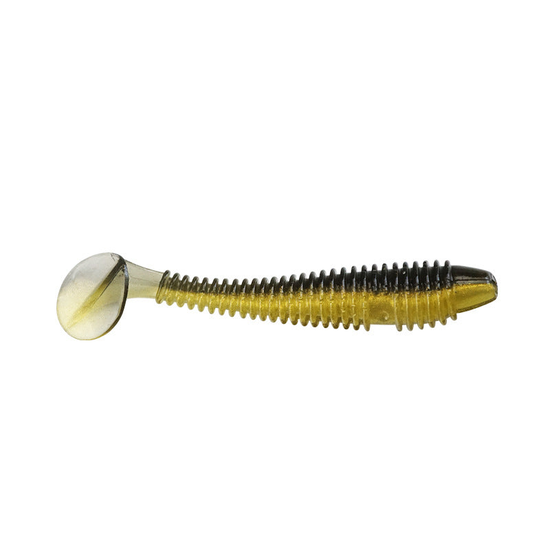 Spiral T-tail soft lure with jig head, dark olive worm with paddle tail