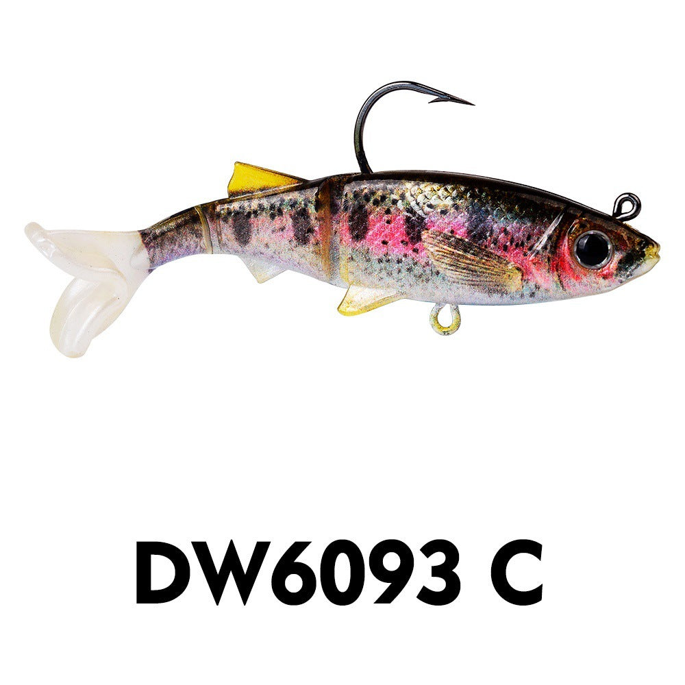 Fish-shaped soft swimbait with jig head, speckled gray body with pink accents and black hook