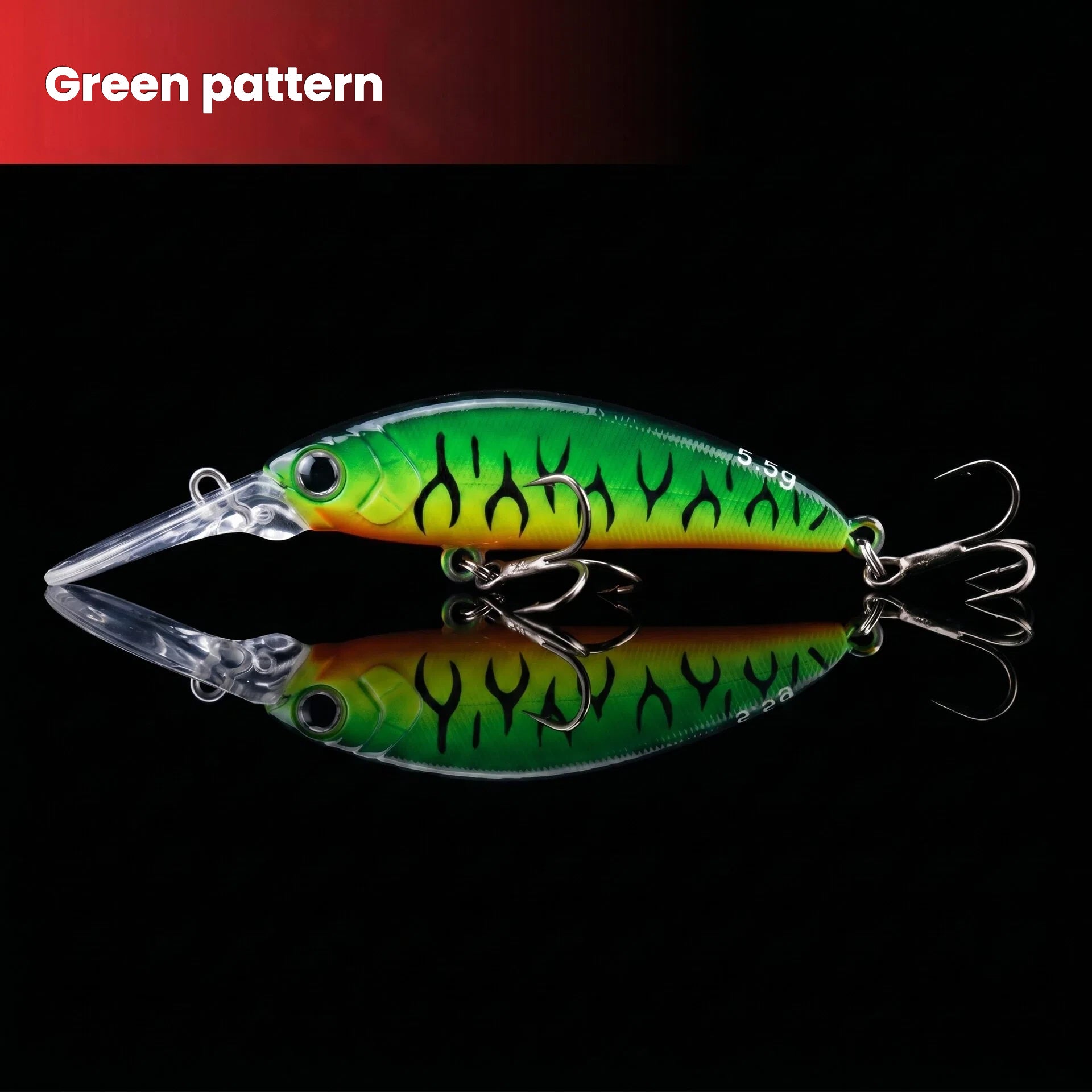 Green pattern long-lip sinking minnow crankbait with clear lip and treble hooks