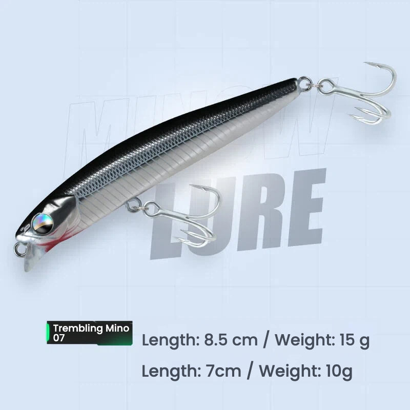 Hard bait minnow lure with treble hooks, white-silver body and red gill marking, 8.5 cm