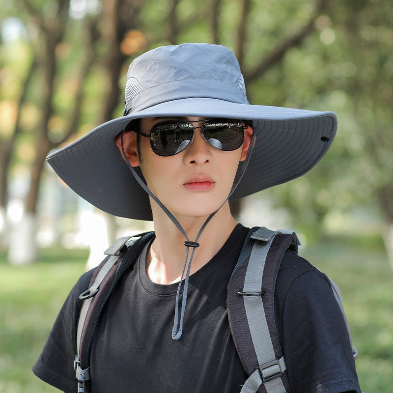 Wide-brim boonie sun hat in light blue with chin cord and side mesh vent