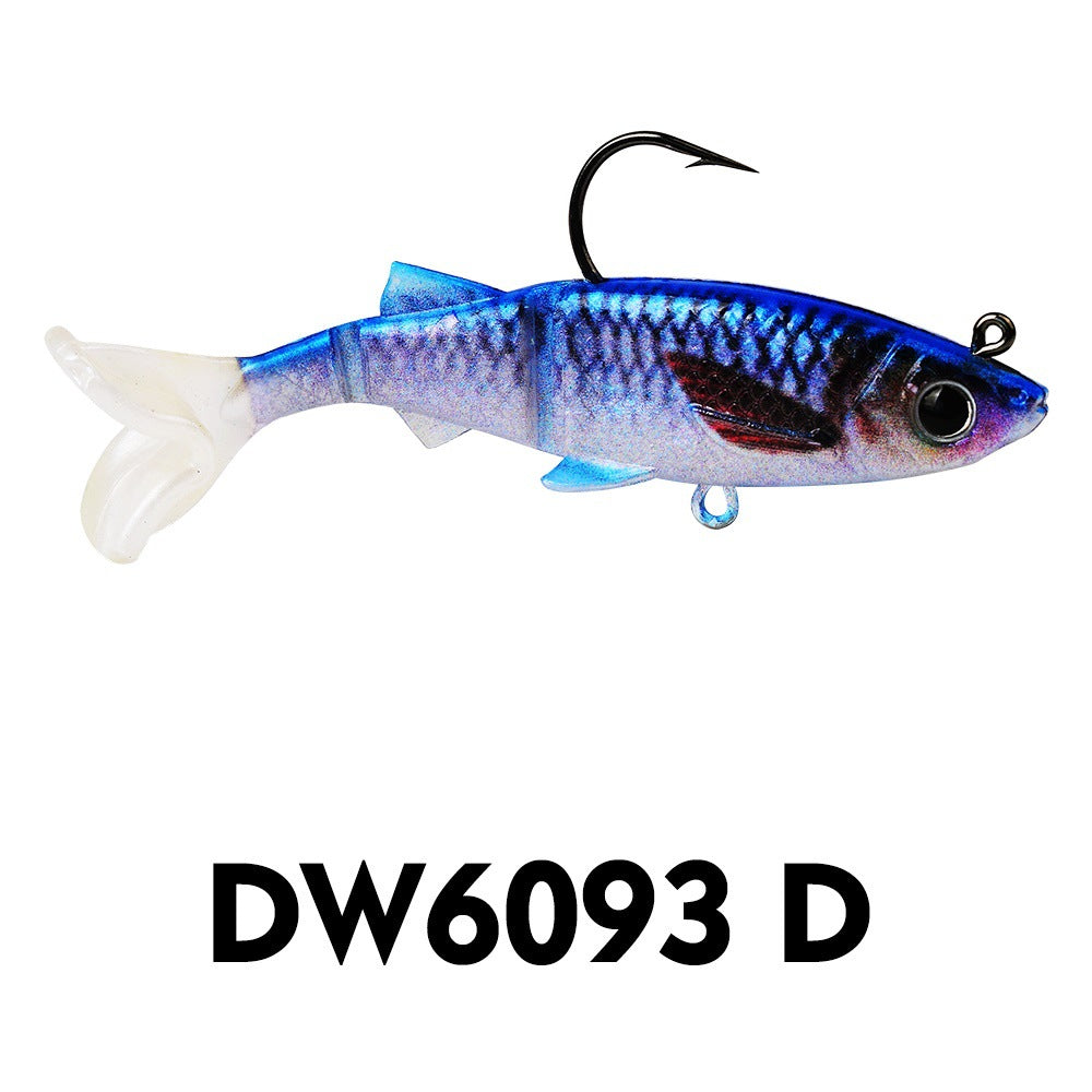 Fish-shaped soft swimbait with jig head, blue fish pattern and black hook