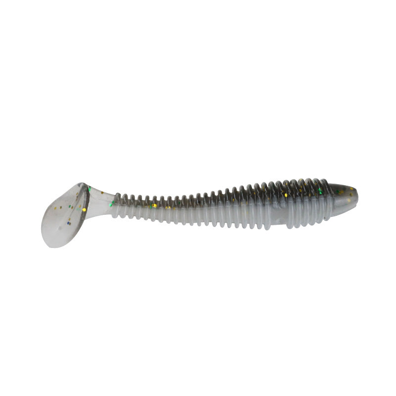 Soft plastic finesse worm lure with jig head, gray with speckles and silver paddle tail