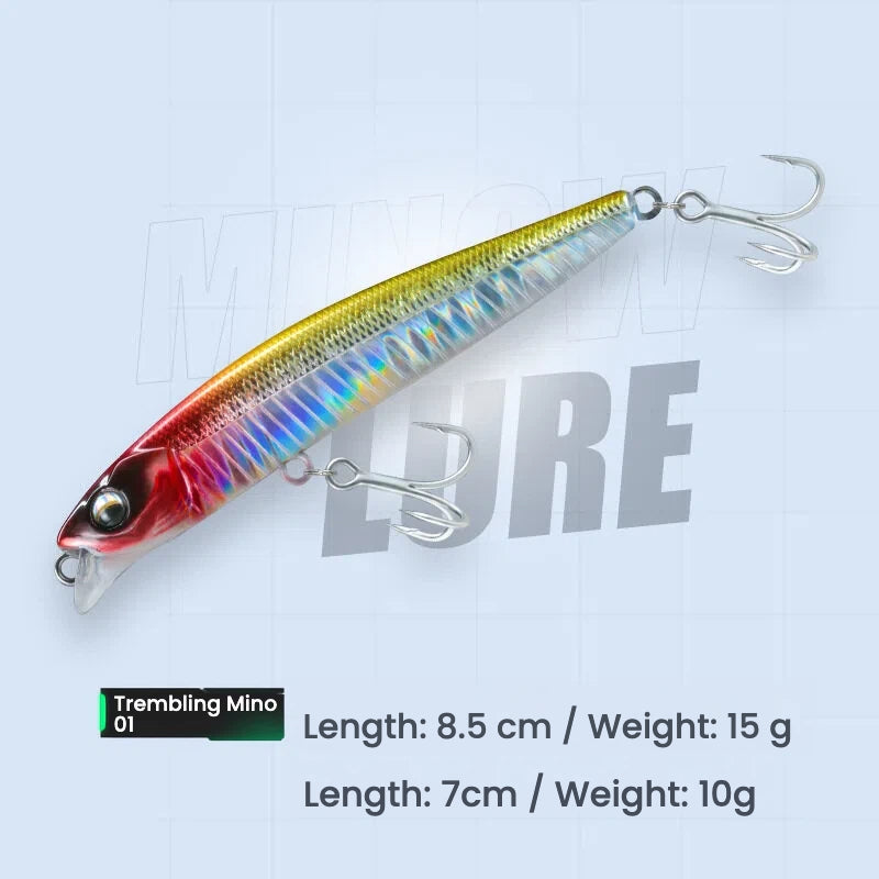 Hard bait minnow lure with treble hooks, yellow-red iridescent body, 8.5 cm