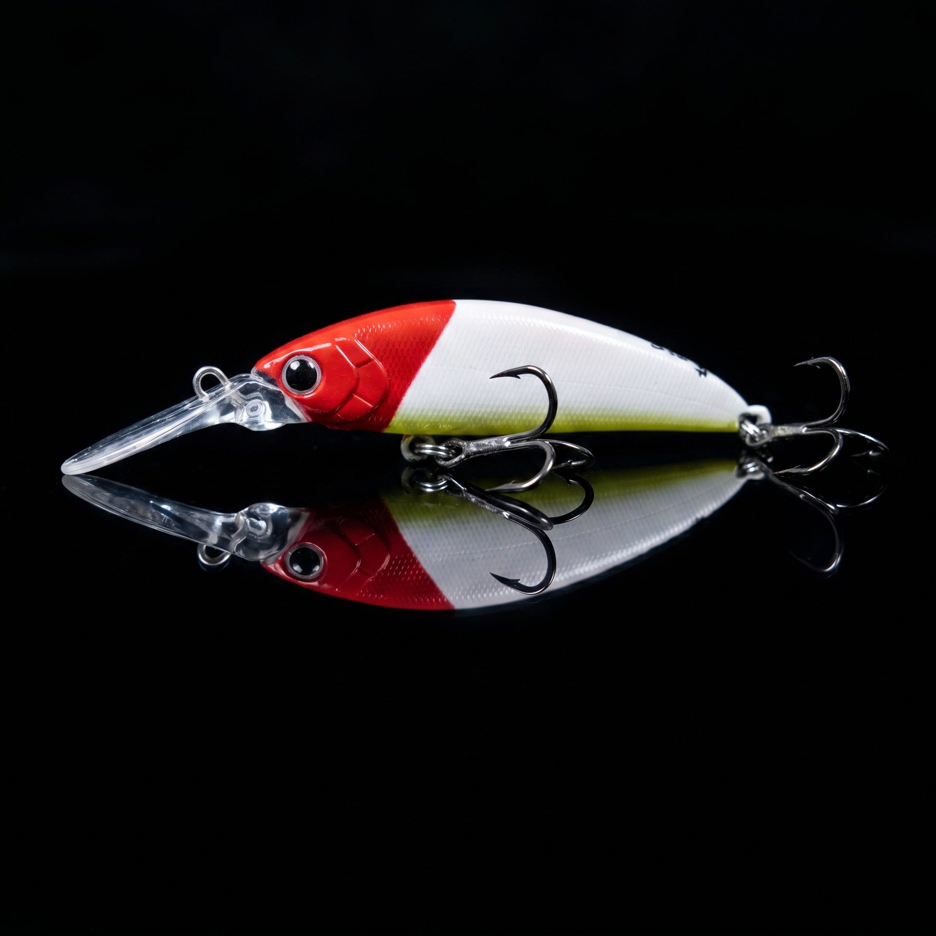 Red-and-white long-lip sinking minnow crankbait with clear lip and treble hooks