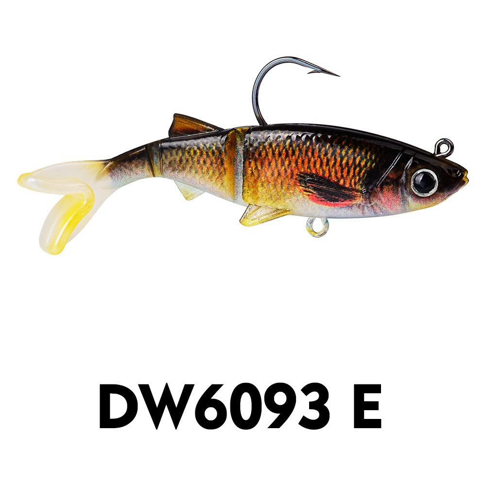Fish-shaped soft swimbait with jig head, brown-orange fish pattern and black hook
