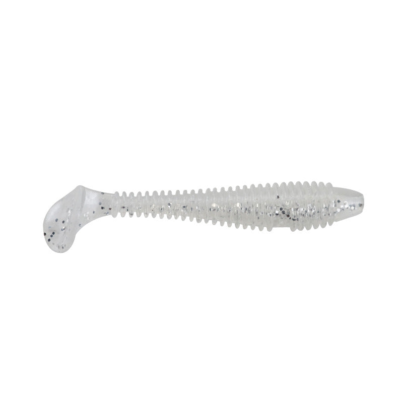 Soft plastic finesse worm lure with jig head, white glitter-speckled body and paddle tail