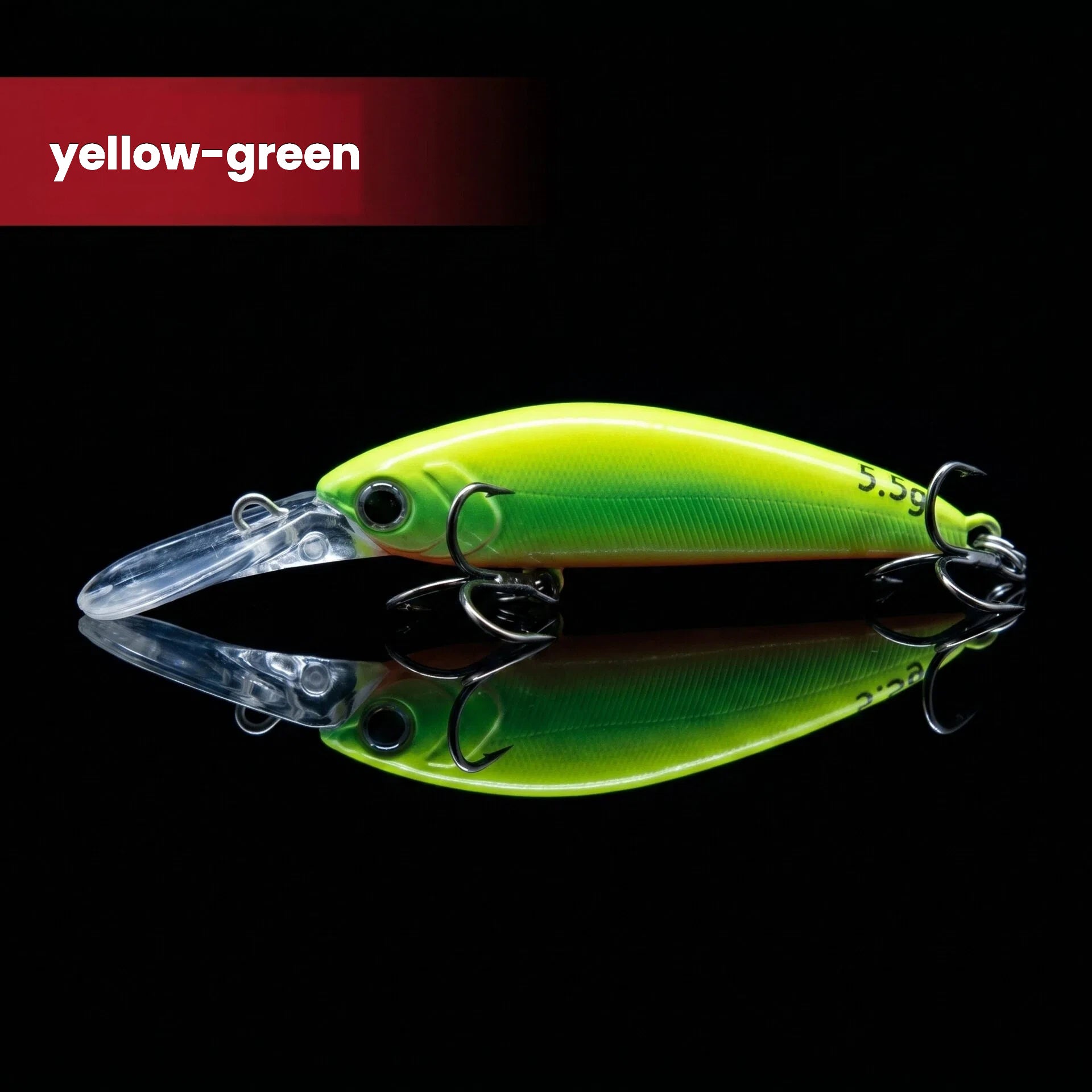 Yellow-green long-lip sinking minnow crankbait with clear lip and treble hooks