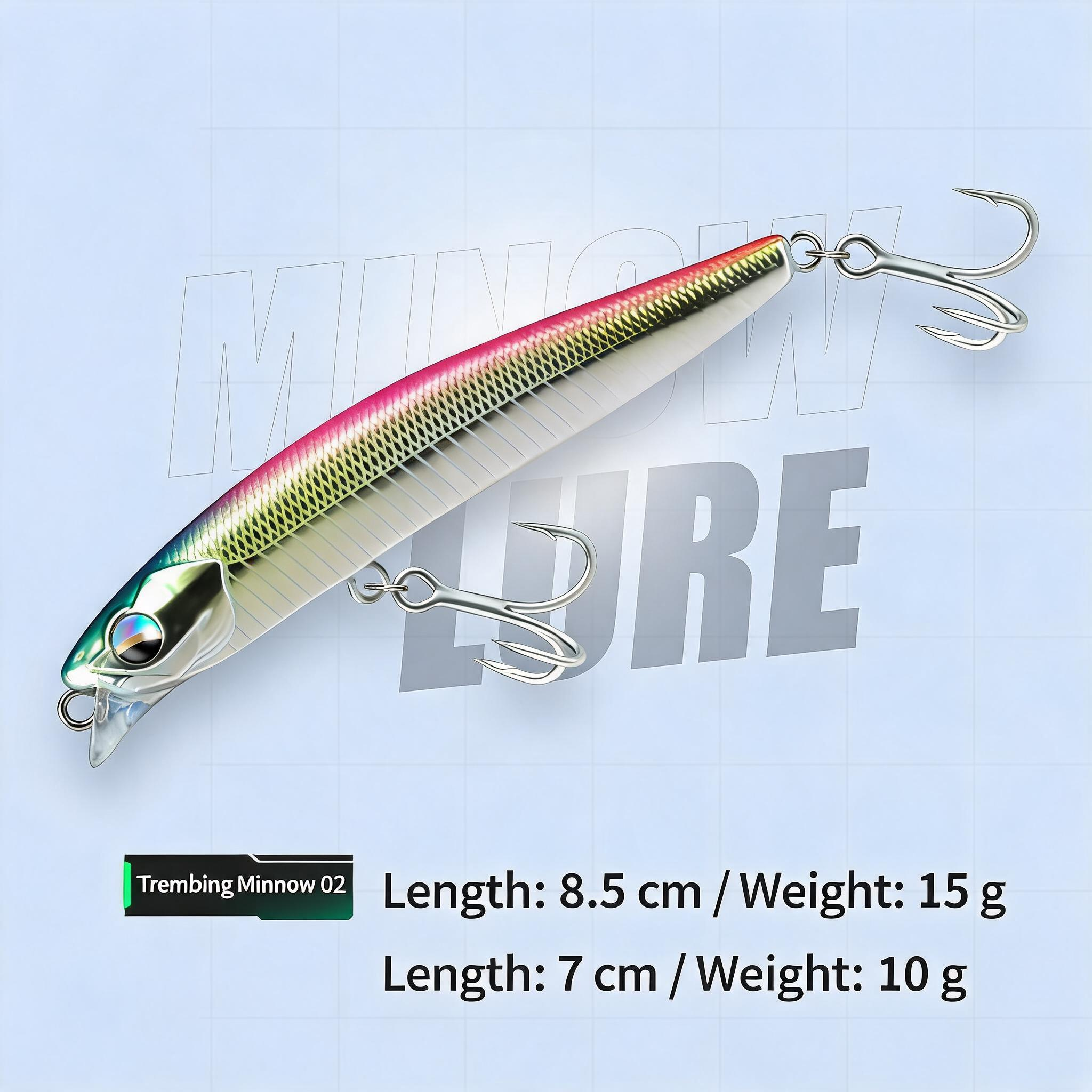 Hard bait minnow lure with treble hooks, pink-white-green body, 8.5 cm