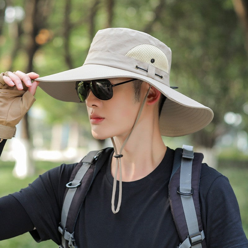 Wide-brim boonie sun hat in beige with chin cord and adjustable side strap
