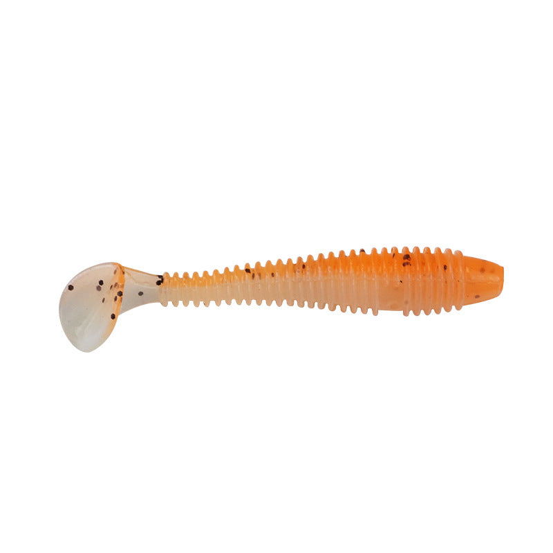 Soft plastic finesse worm lure with jig head, orange speckled body and paddle tail