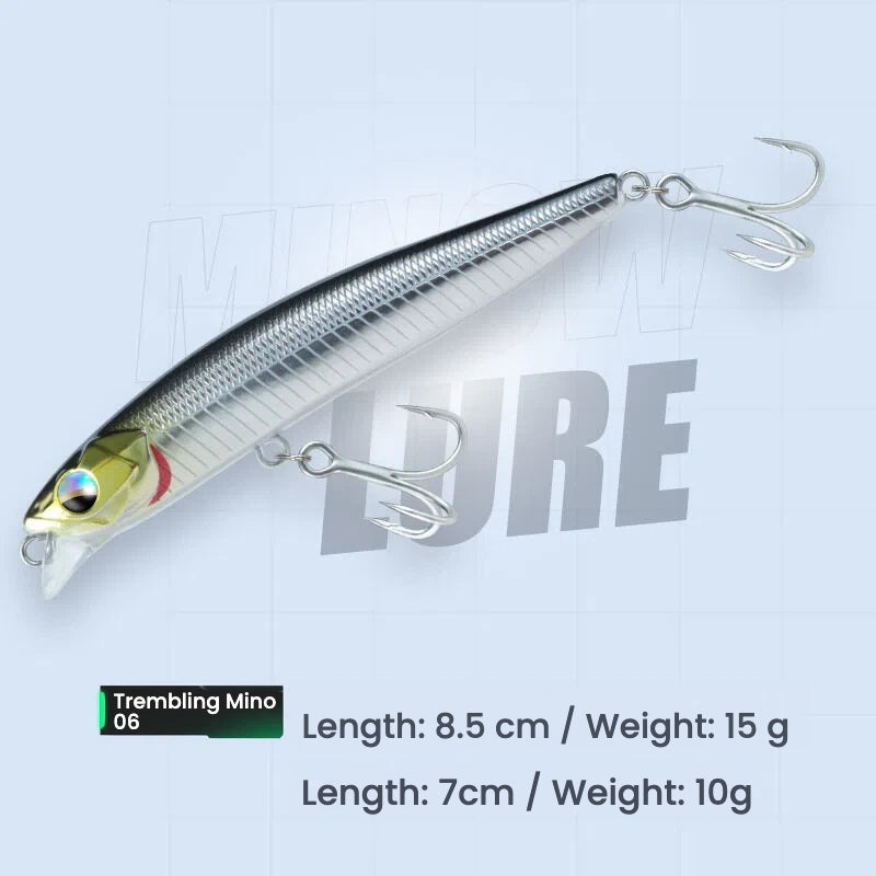 Hard bait minnow lure with treble hooks, dark gray/black body with silvery scales, 8.5 cm