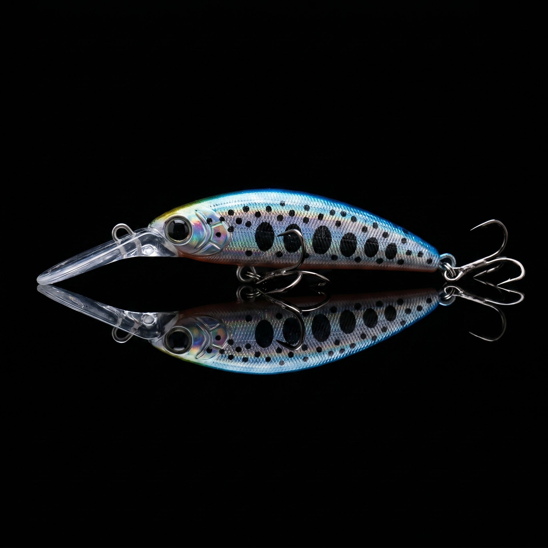 Speckled blue-gray long-lip sinking minnow crankbait with clear lip and treble hooks