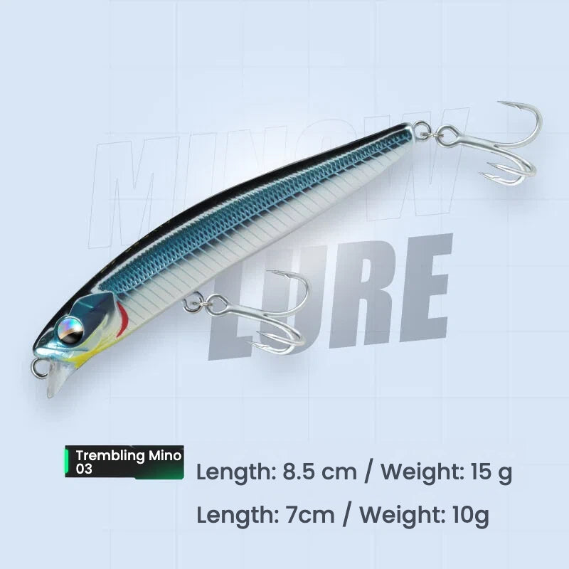 Hard bait minnow lure with treble hooks, black-blue gradient body, 8.5 cm