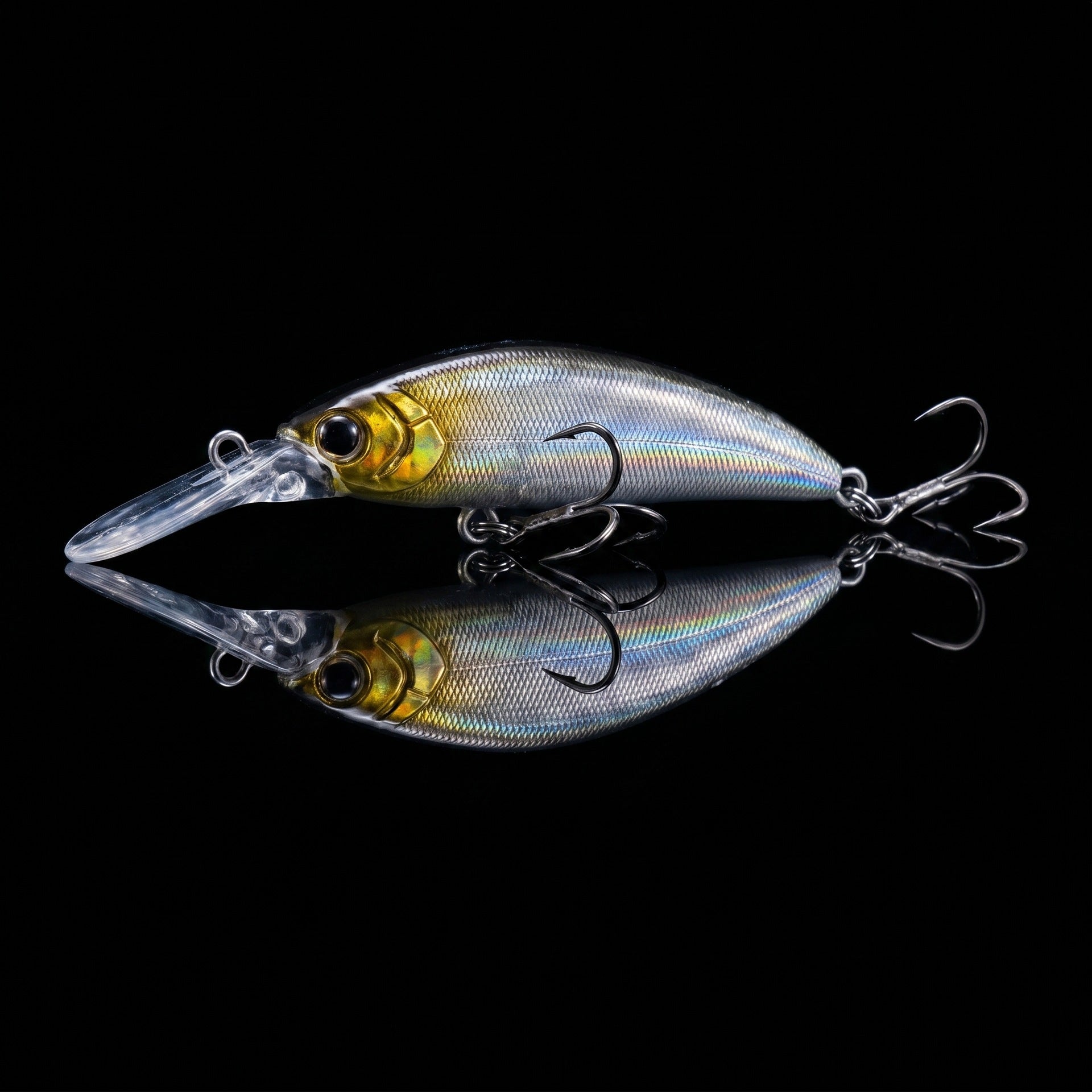 Gold-and-silver long-lip sinking minnow crankbait with clear lip and treble hooks