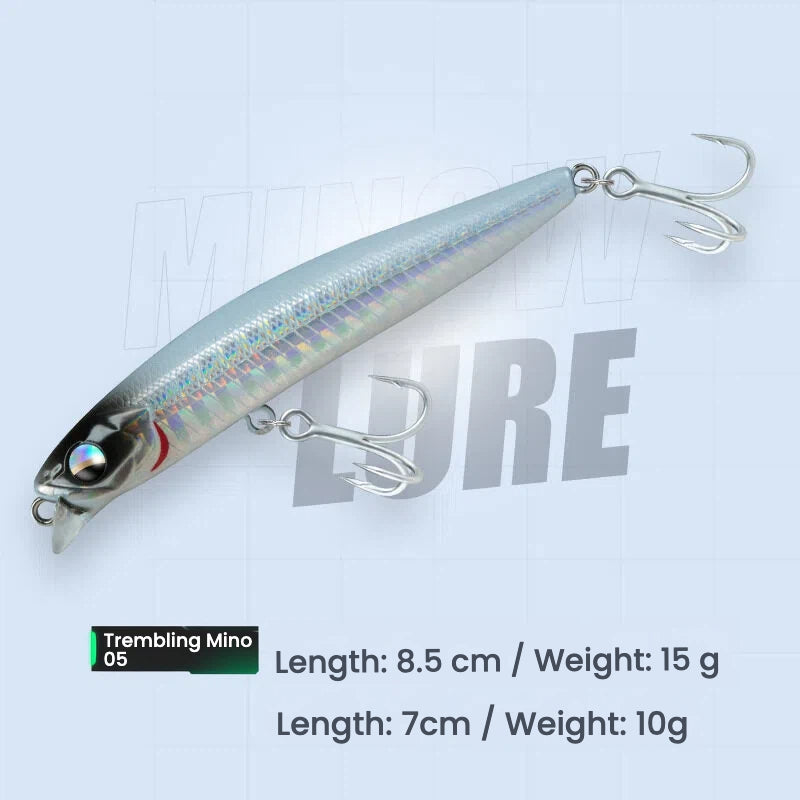 Hard bait minnow lure with treble hooks, holographic silver-green iridescent body, 8.5 cm