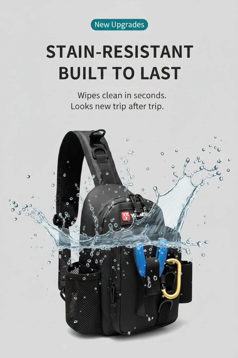Black fishing sling bag with water-resistant finish and front gear pockets