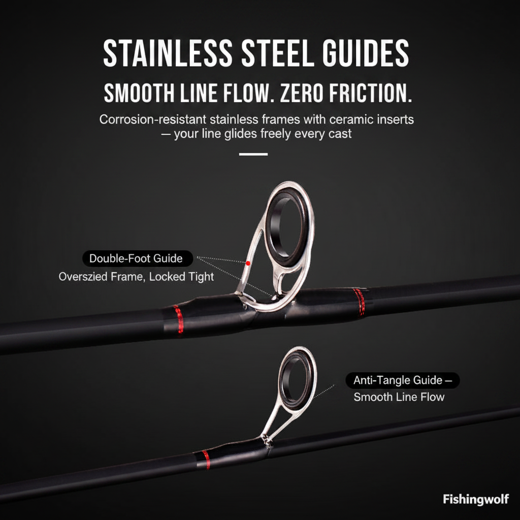 Spinning rod guide rings on black carbon blank with stainless guides and red accent wraps