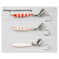 Fishing jig lures with silver blades and orange luminescent strip, three styles, single hooks