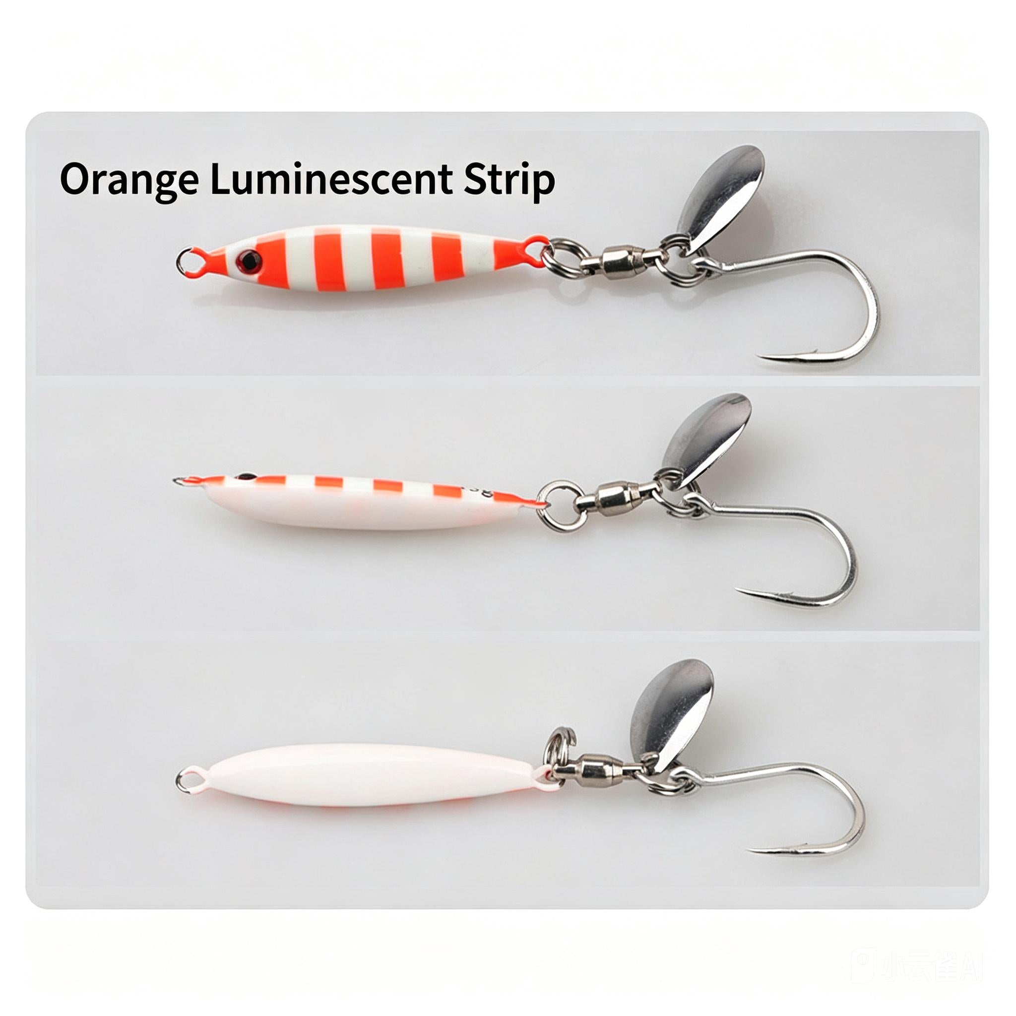 Fishing jig lures with silver blades and orange luminescent strip, three styles, single hooks